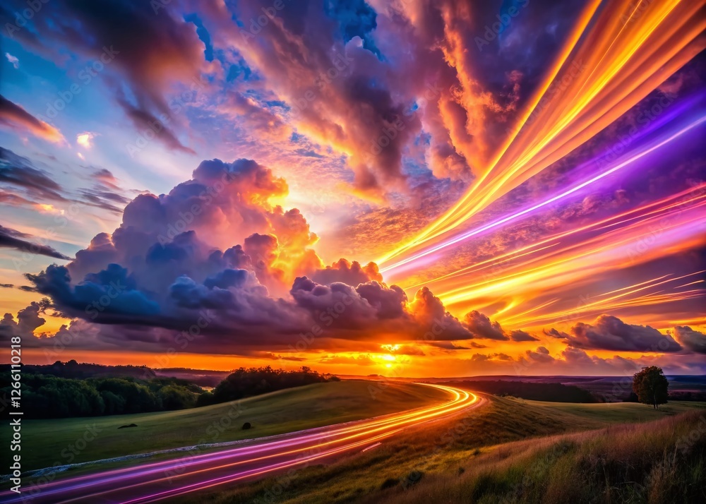 Aufkleber sunset sky with digital data streams flowing through fluffy clouds - abstract landscape