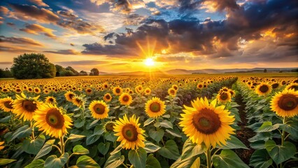 Sunset Sunflowers: Golden Hour Field of Blooming Sunflowers