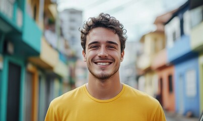 Fototapeta premium Cheerful portrait of a man in a casual yellow shirt, standing outdoors with vibrant urban buildings in the background.