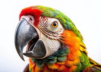 Fototapeta premium Surprised Parrot Close-Up Portrait: Vibrant Feathered Friend Isolated on White