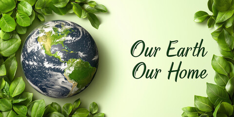 Earth encased in lush greenery with "Our Earth, Our Home" text, emphasizing environmental care and sustainability.