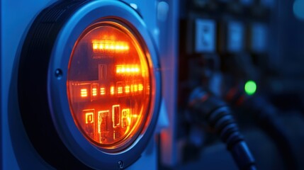 A closeup of an advanced smart meter with illuminated LEDs and a secure communication module indicating the integration of cybersecurity protocols to safeguard energy consumption data