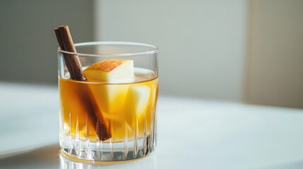 Apple cider drink, cinnamon sticks, white table, sunlit background, autumn refreshment