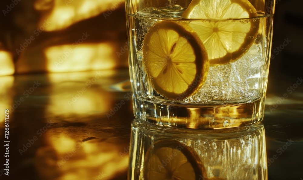 Poster close-up of a glass of sparkling water with lemon slices, soft light creating refreshing reflections