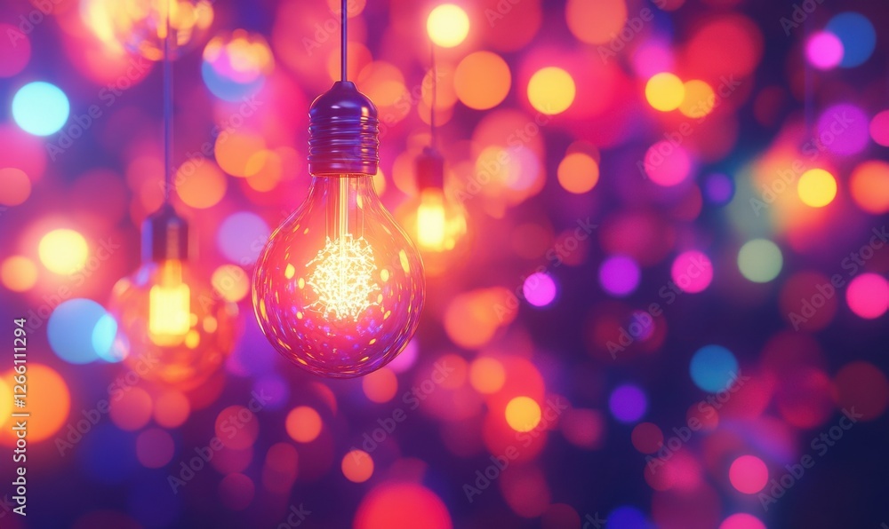 Poster close-up of a glowing lightbulb surrounded by colorful bokeh, warm tones illuminating the scene, sof