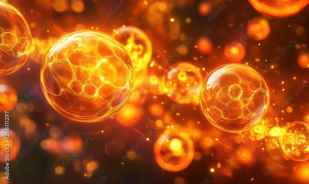 Poster interconnected glowing spheres in orange and gold tones, floating dynamically in a high-tech abstrac