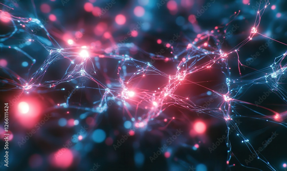 Poster intricate web of glowing wires in neon hues of red and blue, symbolizing connectivity and high-tech 