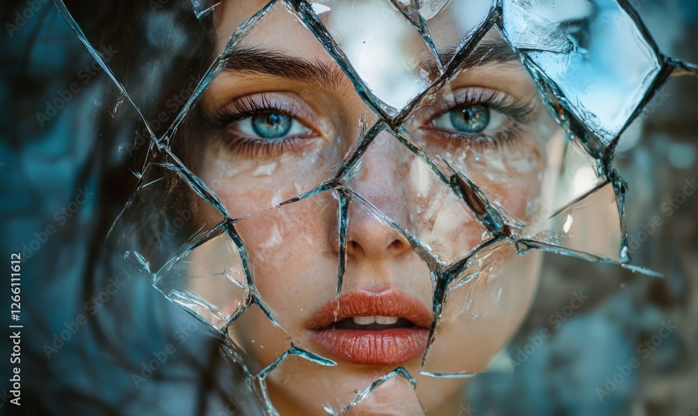 Poster an abstract portrait of a woman with her face reflected in a broken mirror, each fragment showing a 