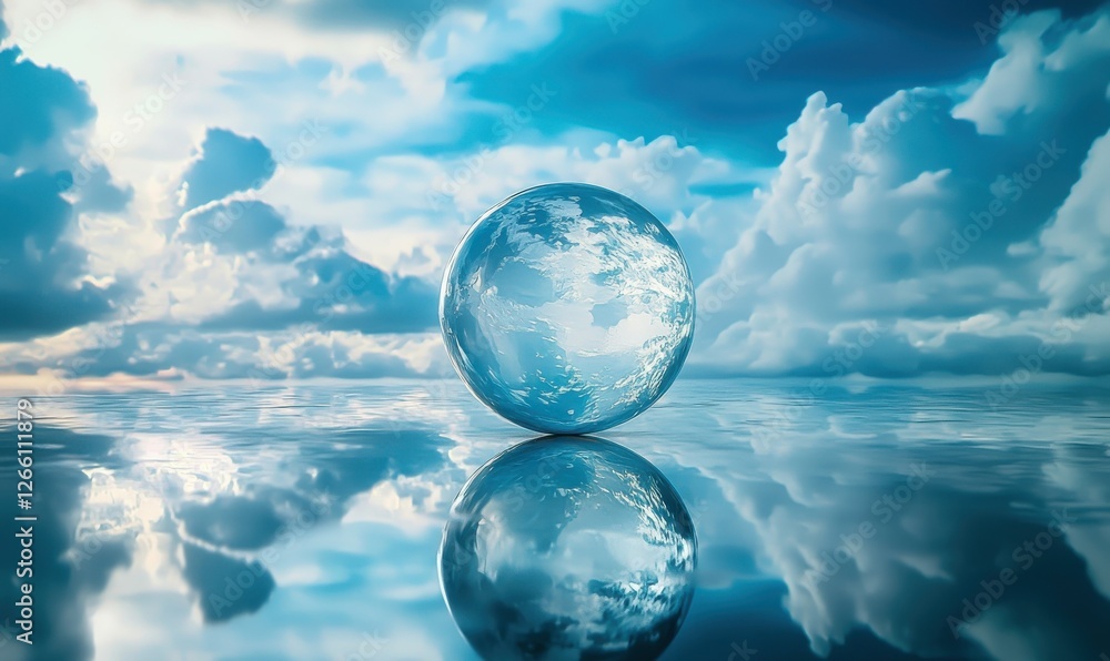 Poster crystal-clear globe on a reflective surface surrounded by a serene cloudscape, embodying purity and 