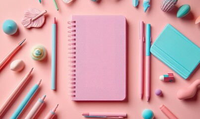 Minimalist flat lay of a pink notebook and matching pens on a soft pastel background, perfect for modern productivity.