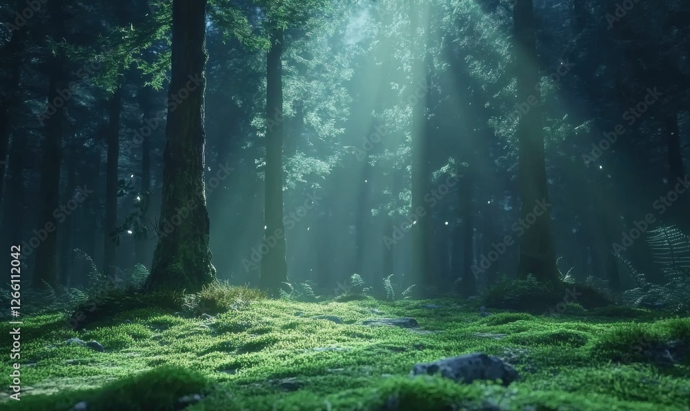 Poster dark forest illuminated by a mysterious glow, with dense trees and moss-covered ground creating a ma