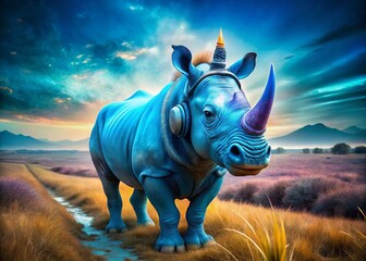 Fototapeta premium Surreal Blue Rhino with Unicorn Horn and Headphones - Documentary Style Photo