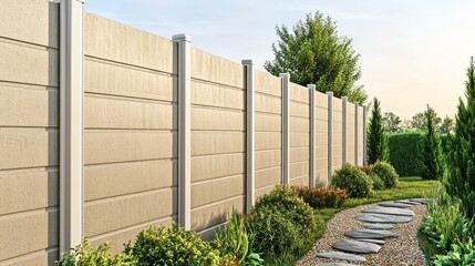 Beige composite fence, backyard landscaping, pathway, lush greenery