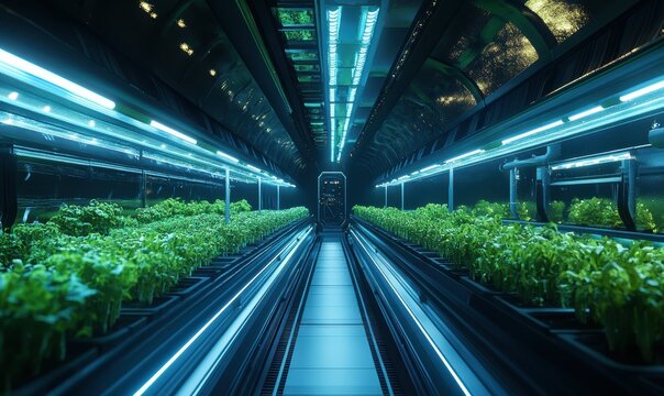 Futuristic hydroponic farm glowing with vibrant blue and green hues, reflecting advanced agricultural technology.