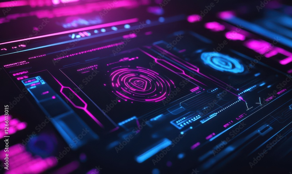 Poster futuristic neon interface displaying complex biometric data in vibrant pink and purple hues, sharp d