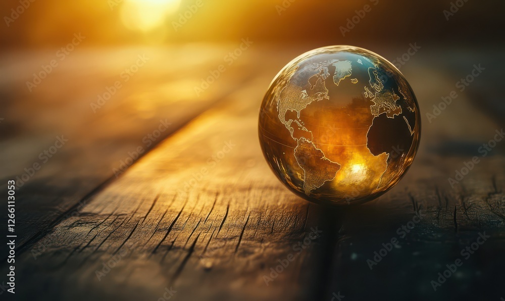 Poster glass globe resting on a wooden surface, illuminated by soft light, symbolizing global unity and env