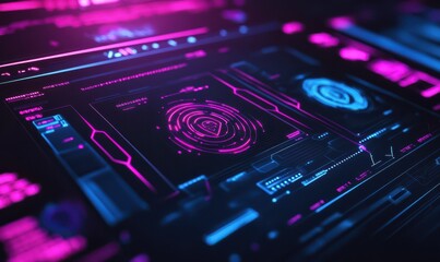 Obraz premium Futuristic neon interface displaying complex biometric data in vibrant pink and purple hues, sharp digital patterns, modern tech security visualization