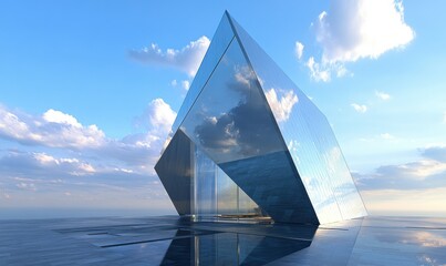 Geometric glass skyscraper reflecting a pristine blue sky, showcasing modern design and sophistication.