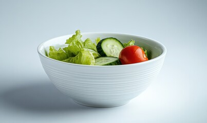 Healthy green salad in a white bowl, fresh vegetables like cucumber, lettuce, and tomato neatly arranged, bright and vibrant colors, close-up food detail