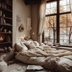 Cozy bohemian bedroom interior featuring warm tones and natural light