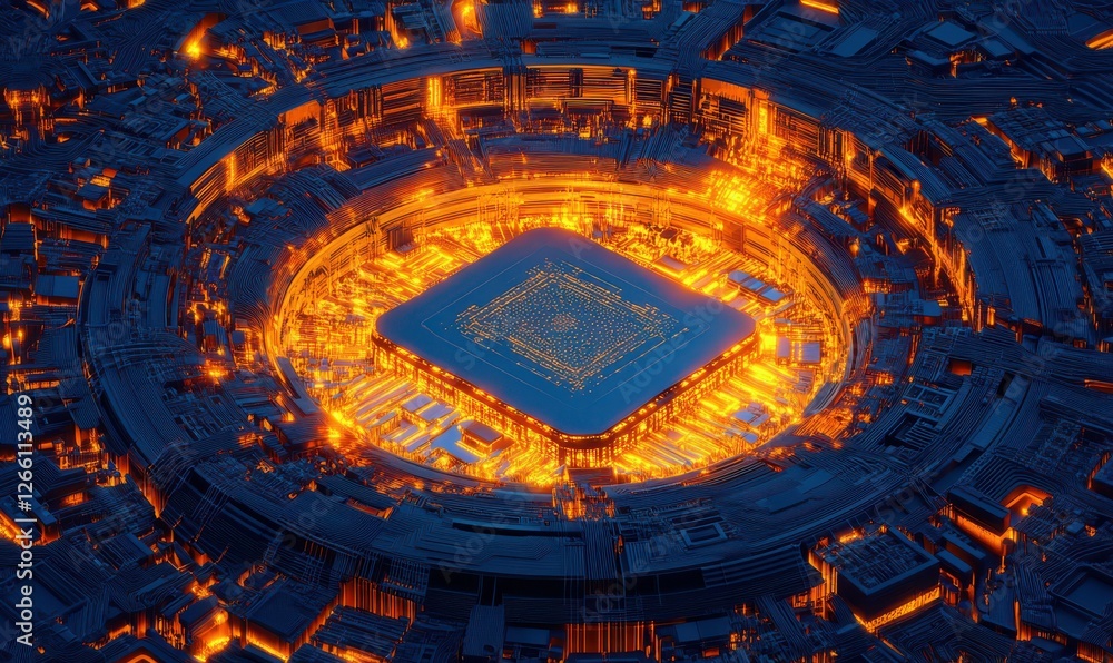 Poster high-detail 3d render of a glowing microchip surrounded by complex circuit patterns, futuristic tech