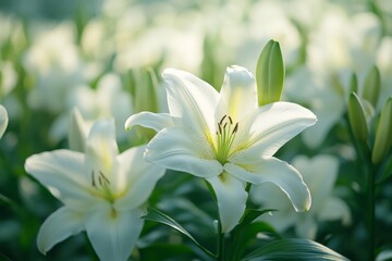 Obraz premium Beautiful white lilies blooming in a lush garden during the daytime with soft sunlight filtering through the leaves