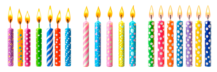 A colorful collection of thin birthday candles with vibrant polka dot and striped patterns, isolated on a transparent background. The assortment includes various designs and colors.