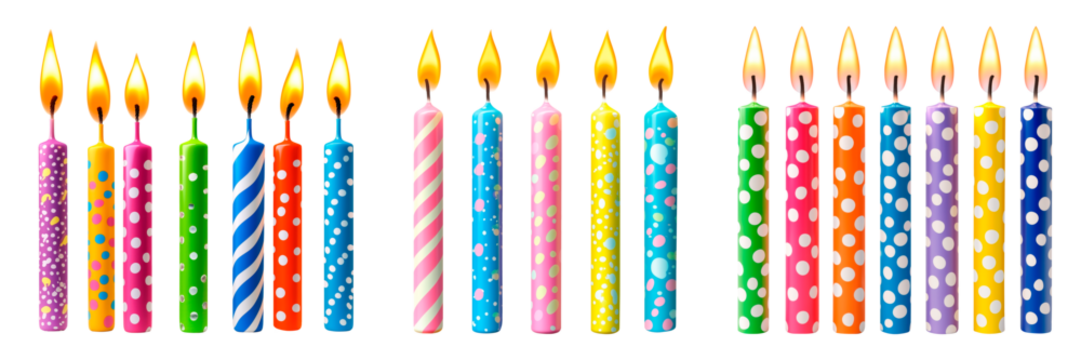 A colorful collection of thin birthday candles with vibrant polka dot and striped patterns, isolated on a transparent background. The assortment includes various designs and colors.