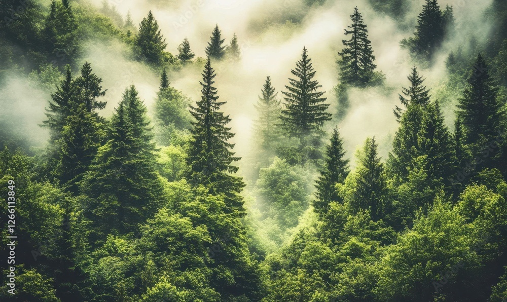 Poster moody forest scene with mist rolling between tall evergreen trees, lit by soft diffused light, creat