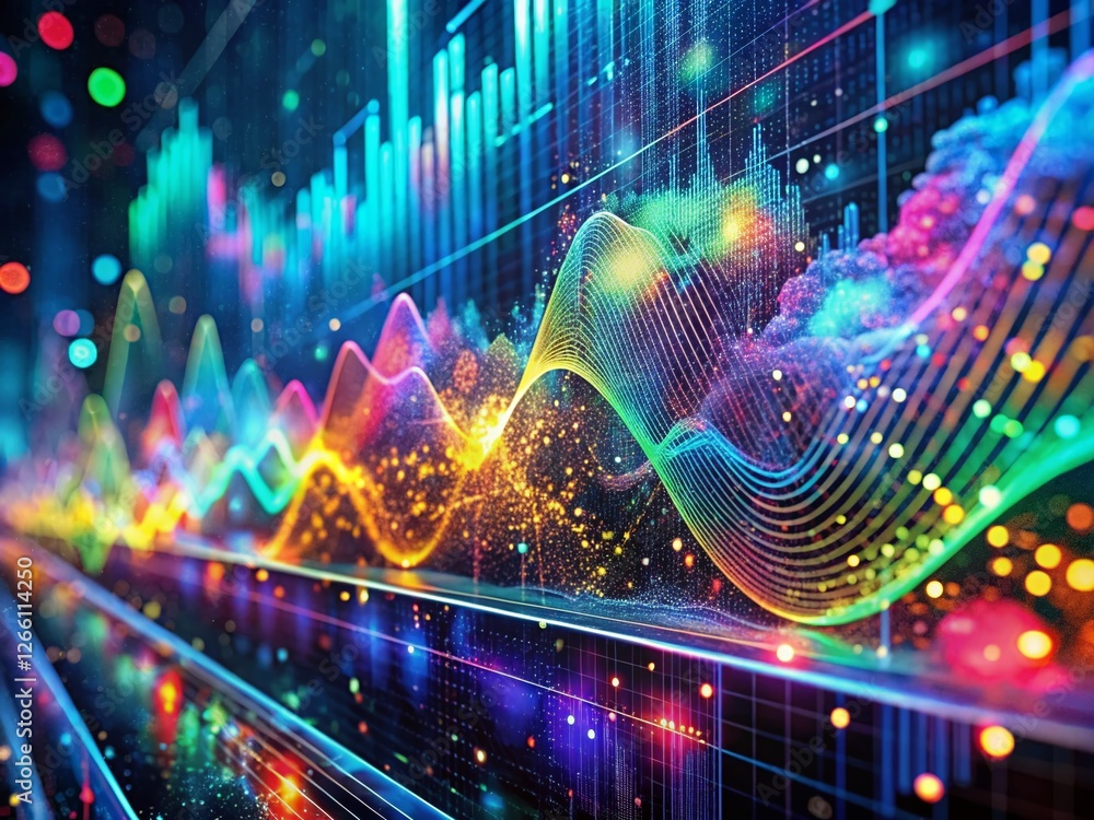 Poster surreal data visualization: close-up of abstract charts & graphs on a glowing monitor screen