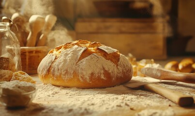 Rustic baking scene with flour-dusted surface, fresh bread, and wooden tools, captured in warm and earthy tones, perfect for culinary inspiration.