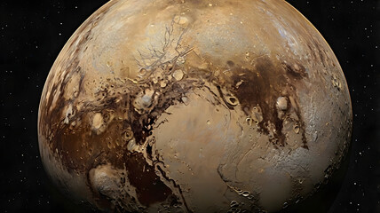 Naklejka premium Pluto's Frozen Beauty: A stunning image of Pluto, the dwarf planet, in high resolution. The surface is a tapestry of icy plains and rugged mountains, showcasing a world of wonder and mystery.