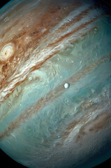 Fototapeta premium Jupiter and Its Moon: A breathtaking view of the gas giant Jupiter, with its swirling clouds and intricate patterns, and its moon Europa, a tiny white orb in the vastness of space.