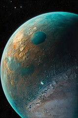 Celestial Teal Orb: A mesmerizing view of an alien planet, teal oceans contrasting against rusty, cratered landscapes, set against the backdrop of deep space.