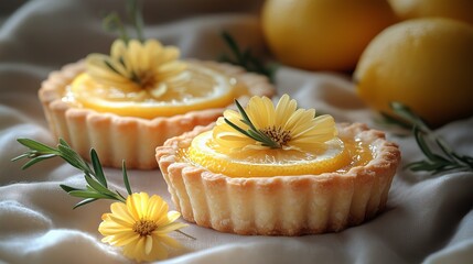 Elegant Lemon Tarts on Linen with Floral Decorations
