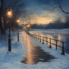 Fototapeta premium Snowy path illuminated by lamplight alongside a serene frozen river