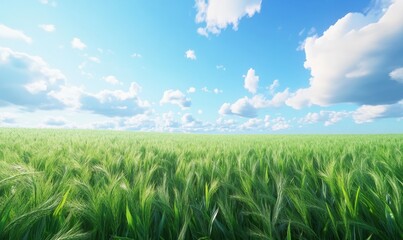 Fototapeta premium Lush green cornfield stretching to the horizon under a vibrant summer sky, with soft clouds dotting the blue expanse, symbolizing abundance.