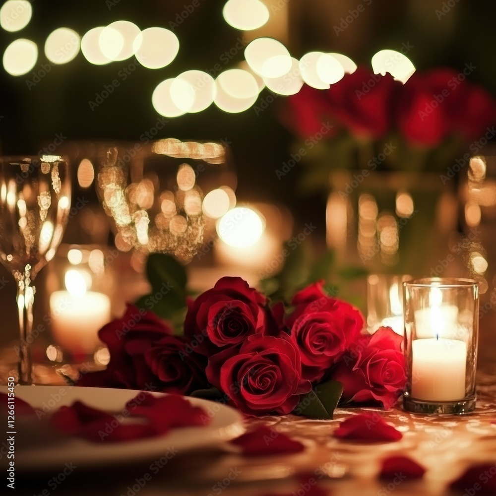 Aufkleber romantic dinner setting with candles and red roses during evening gathering. generative ai