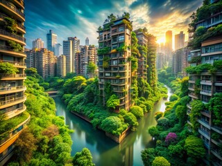 Obraz premium Surreal Floating Cityscape: Lush Greenery & Urban Harmony - Long Exposure Stock Photo