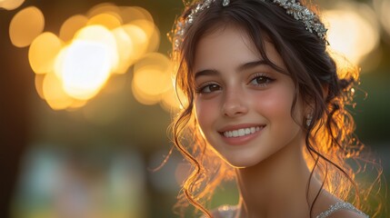 Happy 15 year old girl in dress celebrating Quinceanera