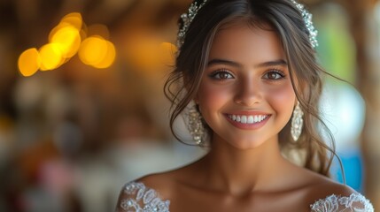 Fototapeta premium Happy 15 year old girl in dress celebrating Quinceanera