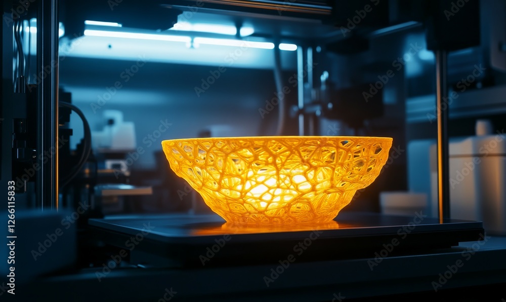 Poster 3d printer creating a delicate, glowing object layer by layer in a high-tech innovation lab.