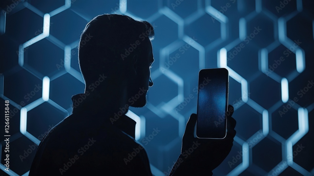 Poster an enigmatic hacker face obscured by shadow surrounded by floating hexagonal data patterns stands in