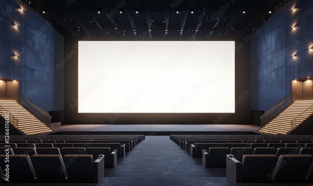 Poster a view from an angle of a large, blank white illuminated screen with space for your text or logo, lo