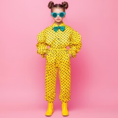 Fototapeta premium A stylish girl in a vibrant yellow polka-dot outfit with big sleeves and bright yellow boots poses confidently against a pink background.