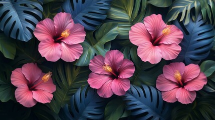 Obraz premium Tropical Hibiscus Palm Leaf Summer Pattern