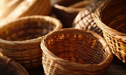 Close-up of woven wicker baskets in natural tones, arranged aesthetically under warm ambient lighting.