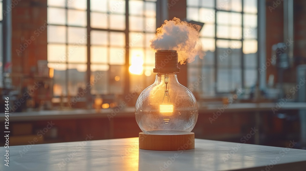 Poster idea lamp steaming up with warm light in front of a workshop during sunset