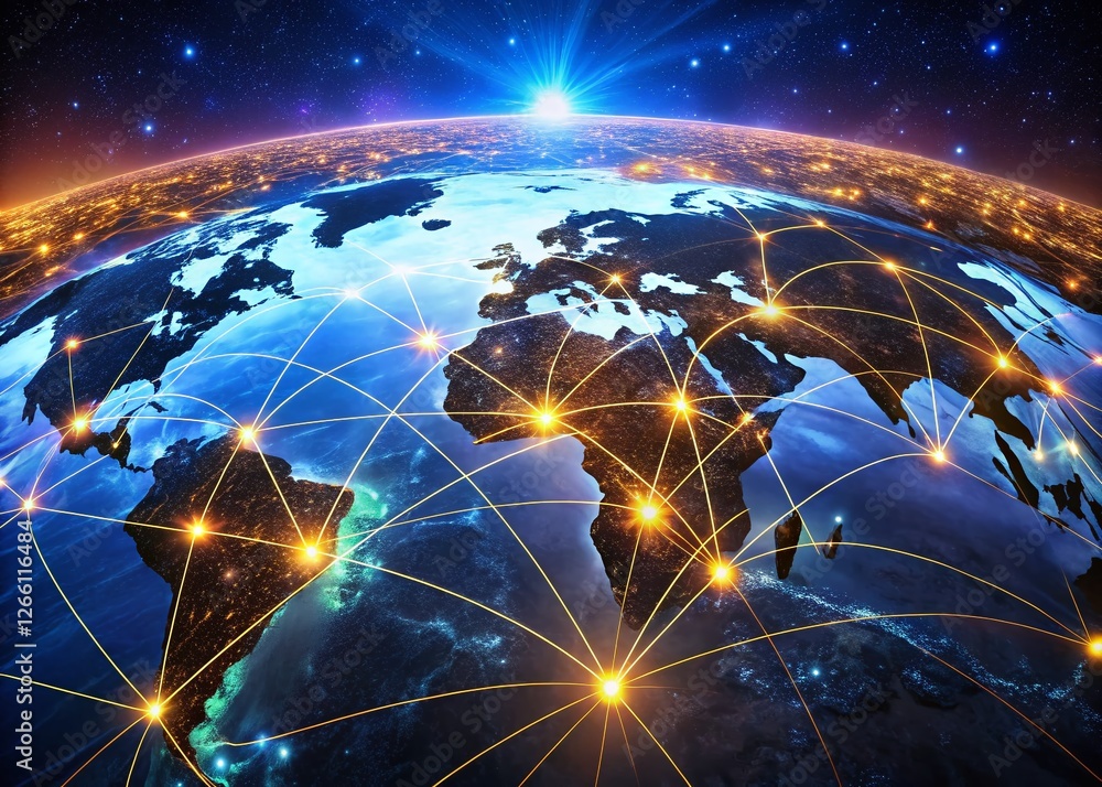 Poster surreal global network map: illuminated connections & digital world