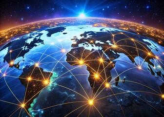 Obraz premium Surreal Global Network Map: Illuminated Connections & Digital World